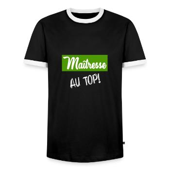 MISTRESS. THANK YOU. THANK YOU MISTRESS - Men's Ringer Shirt - black/white - Front - AI Model Female 172 light (172cm) & AI Model Male 178 light (178cm)
