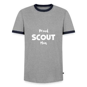 Proud Scout Mom - Camping - Men's Ringer Shirt - grey/navy  - Front - AI Model Female 172 light (172cm) & AI Model Male 178 light (178cm)