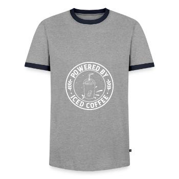 Powered by iced coffee- Kaffee Geschenk - Männer Kontrast-T-Shirt - Grau/Navy  - Vorne - AI Model Female 172 light (172cm) & AI Model Male 178 light (178cm)