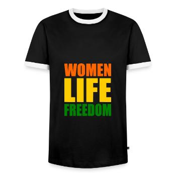 Women life freedom iran - T-shirt contrasté Homme - noir/blanc - Devant - AI Model Female 172 light (172cm) & AI Model Male 178 light (178cm)