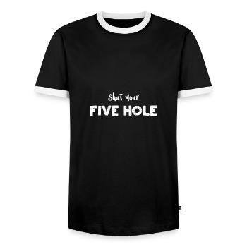 Shut Your Five Hole - Ice Hockey - Men's Ringer Shirt - black/white - Front - AI Model Female 172 light (172cm) & AI Model Male 178 light (178cm)
