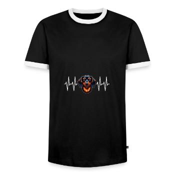 Dachshund portrait with heart line for dachshund friends - Men's Ringer Shirt - black/white - Front - AI Model Female 172 light (172cm) & AI Model Male 178 light (178cm)