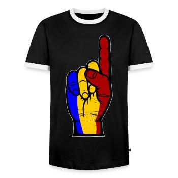Drapeau de la Roumanie numéro 1 utilisé - T-shirt contrasté Homme - noir/blanc - Devant - AI Model Female 172 light (172cm) & AI Model Male 178 light (178cm)