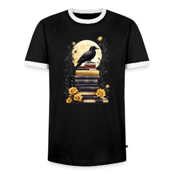 Pile de livres avec corbeau - T-shirt contrasté Homme - noir/blanc - Devant - AI Model Female 172 light (172cm) & AI Model Male 178 light (178cm)