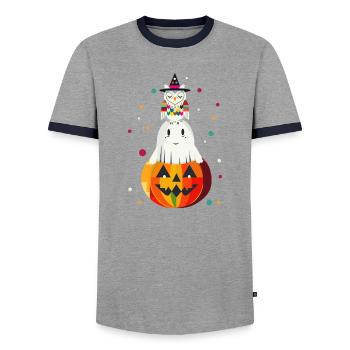 Eule und Geist auf dem Kürbis – Halloween-Motiv - Männer Kontrast-T-Shirt - Grau/Navy  - Vorne - AI Model Female 172 light (172cm) & AI Model Male 178 light (178cm)