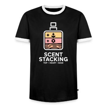 Scent Stacking Top Heart Base Notes - Men's Ringer Shirt - black/white - Front - AI Model Female 172 light (172cm) & AI Model Male 178 light (178cm)