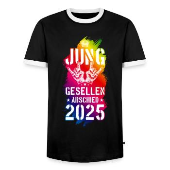 Bachelor Party 2025 Bachelor Party - Men's Ringer Shirt - black/white - Front - AI Model Female 172 light (172cm) & AI Model Male 178 light (178cm)