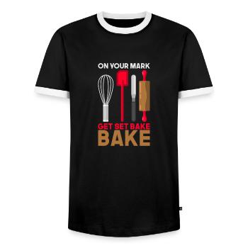 Bake it! Wallwood whisk funny saying - Men's Ringer Shirt - black/white - Front - AI Model Female 172 light (172cm) & AI Model Male 178 light (178cm)