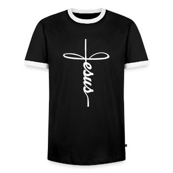 Jesus cross - Christian Clothing - Men's Ringer Shirt - black/white - Front - AI Model Female 172 light (172cm) & AI Model Male 178 light (178cm)
