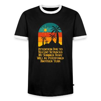 Summer Body will Be Postponed Next Year Beach - Men's Ringer Shirt - black/white - Front - AI Model Female 172 light (172cm) & AI Model Male 178 light (178cm)