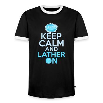 Keep Calm And Lather On Soapmaker Soapmaking - Men's Ringer Shirt - black/white - Front - AI Model Female 172 light (172cm) & AI Model Male 178 light (178cm)