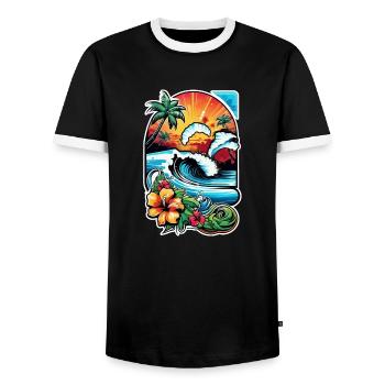 Surfing Beach Palm Tree Sunshine Holidays - Men's Ringer Shirt - black/white - Front - AI Model Female 172 light (172cm) & AI Model Male 178 light (178cm)