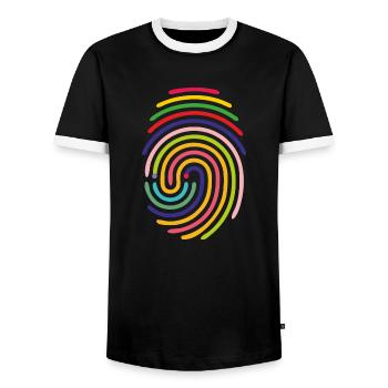 rainbow spiral lines. - Men's Ringer Shirt - black/white - Front - AI Model Female 172 light (172cm) & AI Model Male 178 light (178cm)
