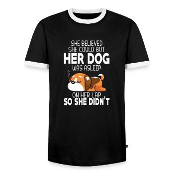 Sie glaubte, sie könne es, aber ihr Hund schlief - Männer Kontrast-T-Shirt - Schwarz/Weiß - Vorne - AI Model Female 172 light (172cm) & AI Model Male 178 light (178cm)