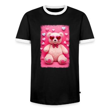 Valentine’s Day teddy with pink sunglasses - Men's Ringer Shirt - black/white - Front - AI Model Female 172 light (172cm) & AI Model Male 178 light (178cm)