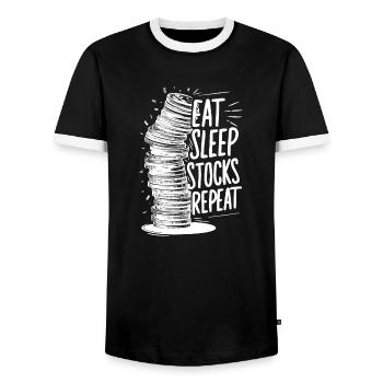 Eat, Sleep, Stocks, Repeat - Men's Ringer Shirt - black/white - Front - AI Model Female 172 light (172cm) & AI Model Male 178 light (178cm)