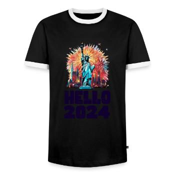 Happy New Year with fireworks in New York - Men's Ringer Shirt - black/white - Front - AI Model Female 172 light (172cm) & AI Model Male 178 light (178cm)