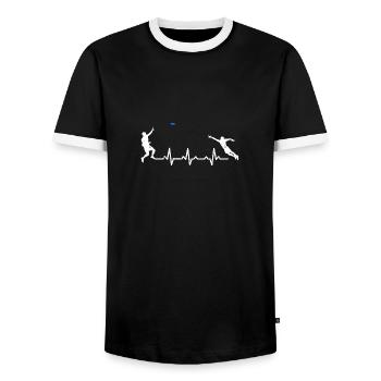 Heartbeats Ultimate Frisbee Sports T-shirt - Men's Ringer Shirt - black/white - Front - AI Model Female 172 light (172cm) & AI Model Male 178 light (178cm)
