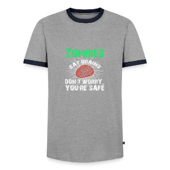 Funny Sarcastic Zombies Eat Brains Gift - Men's Ringer Shirt - grey/navy  - Front - AI Model Female 172 light (172cm) & AI Model Male 178 light (178cm)