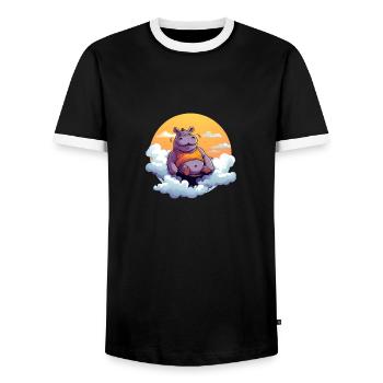 Funny hippopotamus floating on a cloud - Men's Ringer Shirt - black/white - Front - AI Model Female 172 light (172cm) & AI Model Male 178 light (178cm)