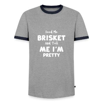 Feed Me Brisket And Tell Me I'm... - Men's Ringer Shirt - grey/navy  - Front - AI Model Female 172 light (172cm) & AI Model Male 178 light (178cm)