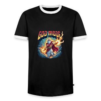 God Mode - Zeus throws lightning in the clouds - Men's Ringer Shirt - black/white - Front - AI Model Female 172 light (172cm) & AI Model Male 178 light (178cm)