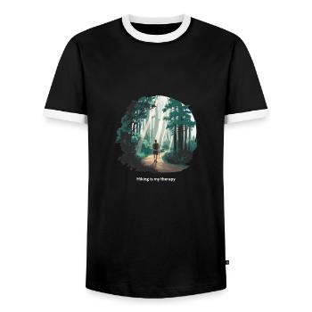 Hiking is My Therapy – Nature & Forest - Men's Ringer Shirt - black/white - Front - AI Model Female 172 light (172cm) & AI Model Male 178 light (178cm)