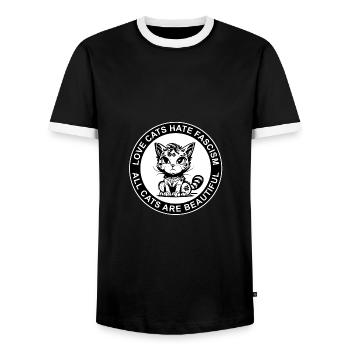 LOVE CATS HATE FASCISM - ALL CATS ARE BEAUTIFUL - Men's Ringer Shirt - black/white - Front - AI Model Female 172 light (172cm) & AI Model Male 178 light (178cm)