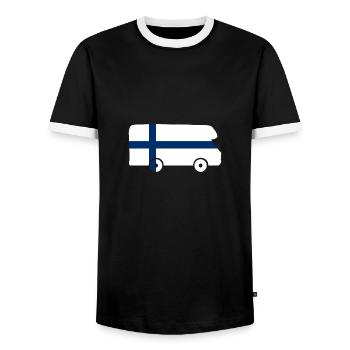 RV Finland Travel Vacation Camper Sticker - Men's Ringer Shirt - black/white - Front - AI Model Female 172 light (172cm) & AI Model Male 178 light (178cm)