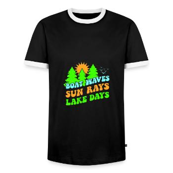TAGE SEE LEBE BOOT WASSER FLUSSE SONNE WILDWASSER - Männer Kontrast-T-Shirt - Schwarz/Weiß - Vorne - AI Model Female 172 light (172cm) & AI Model Male 178 light (178cm)
