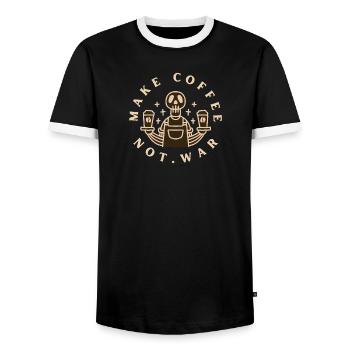 Make Coffee Not War Café - Men's Ringer Shirt - black/white - Front - AI Model Female 172 light (172cm) & AI Model Male 178 light (178cm)