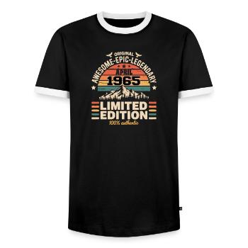 Anniversary vintage April 1965 - Men's Ringer Shirt - black/white - Front - AI Model Female 172 light (172cm) & AI Model Male 178 light (178cm)