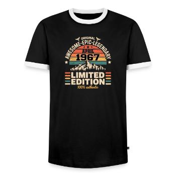 Anniversary vintage April 1967 - Men's Ringer Shirt - black/white - Front - AI Model Female 172 light (172cm) & AI Model Male 178 light (178cm)