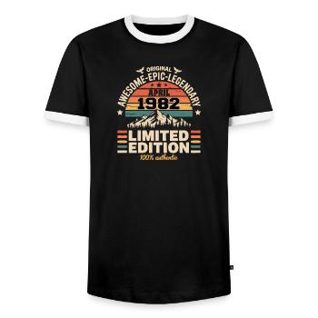 Anniversary vintage April 1982 - Men's Ringer Shirt - black/white - Front - AI Model Female 172 light (172cm) & AI Model Male 178 light (178cm)