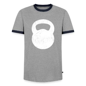 Kettlebell - Distressed Style - Men's Ringer Shirt - grey/navy  - Front - AI Model Female 172 light (172cm) & AI Model Male 178 light (178cm)