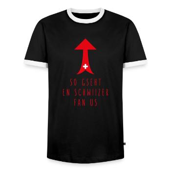 That's what Schwiizer Fan us looks like - Men's Ringer Shirt - black/white - Front - AI Model Female 172 light (172cm) & AI Model Male 178 light (178cm)