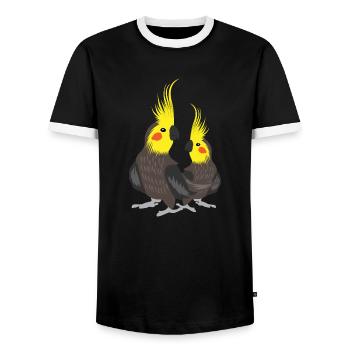 BIRDS NYMPH PARAKEETS by The Manzanita ́s - Men's Ringer Shirt - black/white - Front - AI Model Female 172 light (172cm) & AI Model Male 178 light (178cm)