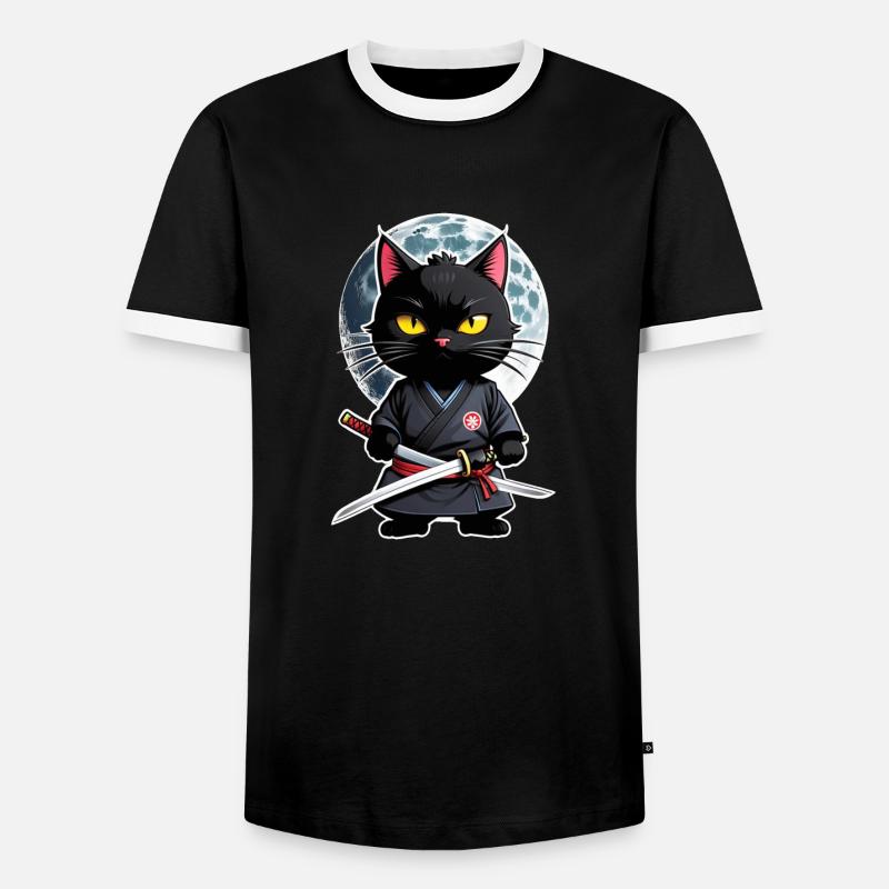 Ninja Katze - Samurai Kätzchen - Männer Kontrast-T-Shirt - Schwarz/Weiß