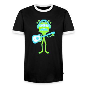 Cool Party Monster Alien Plays Guitar Music - Men's Ringer Shirt - black/white - Front - AI Model Female 172 light (172cm) & AI Model Male 178 light (178cm)