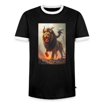 Chimère, monstre à trois têtes, lion crachant du feu - T-shirt contrasté Homme - noir/blanc - Devant - AI Model Female 172 light (172cm) & AI Model Male 178 light (178cm)