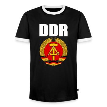 DDR Wappen mit weisser Schrift - Men's Ringer Shirt - black/white - Front - AI Model Female 172 light (172cm) & AI Model Male 178 light (178cm)