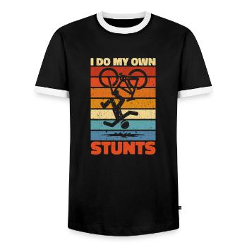 I Do My Own Stunts - Funny Clumsy Gift - Men's Ringer Shirt - black/white - Front - AI Model Female 172 light (172cm) & AI Model Male 178 light (178cm)