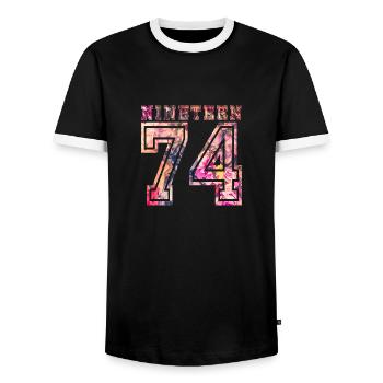 NINETEEN 1974 B - Männer Kontrast-T-Shirt - Schwarz/Weiß - Vorne - AI Model Female 172 light (172cm) & AI Model Male 178 light (178cm)