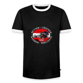 Austrian Firefighter ONE - Feuerwehr Österreich - Männer Kontrast-T-Shirt - Schwarz/Weiß - Vorne - AI Model Female 172 light (172cm) & AI Model Male 178 light (178cm)