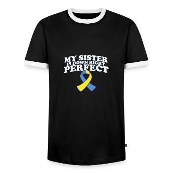 My Sister Is Down Right Perfect Down Syndrome - Men's Ringer Shirt - black/white - Front - AI Model Female 172 light (172cm) & AI Model Male 178 light (178cm)