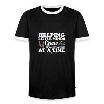 Helping Little Minds Grow One Phonemes At A Time - Men's Ringer Shirt - black/white - Front - AI Model Female 172 light (172cm) & AI Model Male 178 light (178cm)