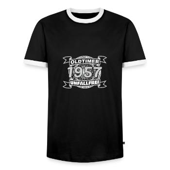 1957 - Männer Kontrast-T-Shirt - Schwarz/Weiß - Vorne - AI Model Female 172 light (172cm) & AI Model Male 178 light (178cm)