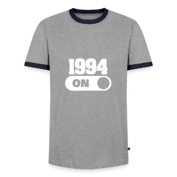 Year 1994 - Men's Ringer Shirt - grey/navy  - Front - AI Model Female 172 light (172cm) & AI Model Male 178 light (178cm)
