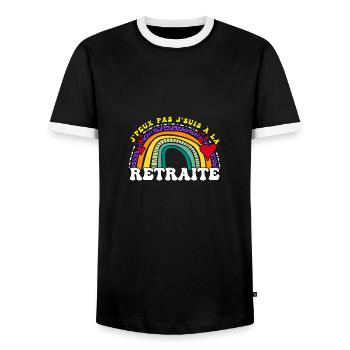 J'peux Pas j'suis retraité - Humour de départ à - Men's Ringer Shirt - black/white - Front - AI Model Female 172 light (172cm) & AI Model Male 178 light (178cm)