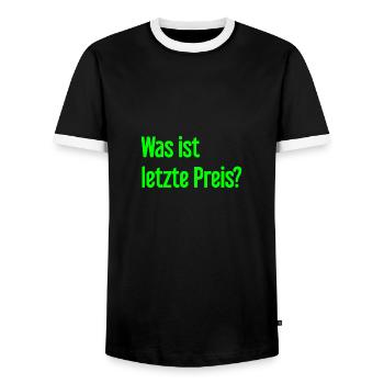 Was ist letzte Preis? - Männer Kontrast-T-Shirt - Schwarz/Weiß - Vorne - AI Model Female 172 light (172cm) & AI Model Male 178 light (178cm)